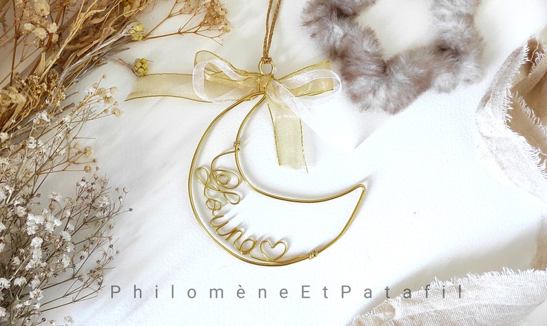 Boule de Noël prénom personnalisable en filaire or, couronne prénom personnalisée, lune à message, déco sapin image 4