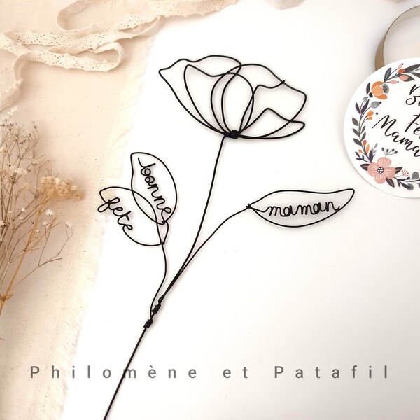 Prénom fil de fer personnalisable, fleur fil de fer, décoration murale coquelicot "Love poppy"