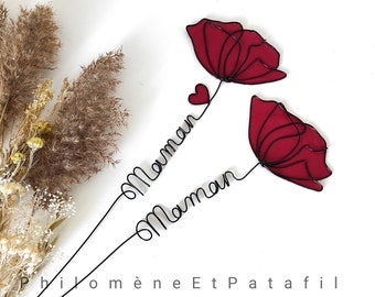 Customizable wire first name, wire poppy, personalized flower first name, wall decoration, "red poppy" wire flower