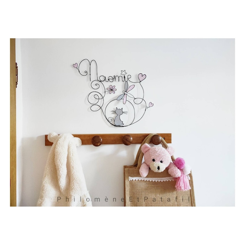 Prénom personnalisé en fil de fer chat, libellule, fleurs, coeurs, déco murale pour chambre d'enfant image 6