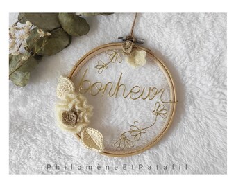 Prénom fil de fer personnalisable, couronne avec feuilles, décoration murale pour chambre d'enfant, couronne de fleurs prénom, déco murale main image 0