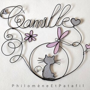 Prénom personnalisé en fil de fer chat, libellule, fleurs, coeurs, déco murale pour chambre d'enfant image 3