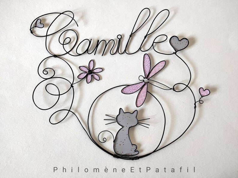 Prénom personnalisé en fil de fer chat, libellule, fleurs, coeurs, déco murale pour chambre d'enfant image 3