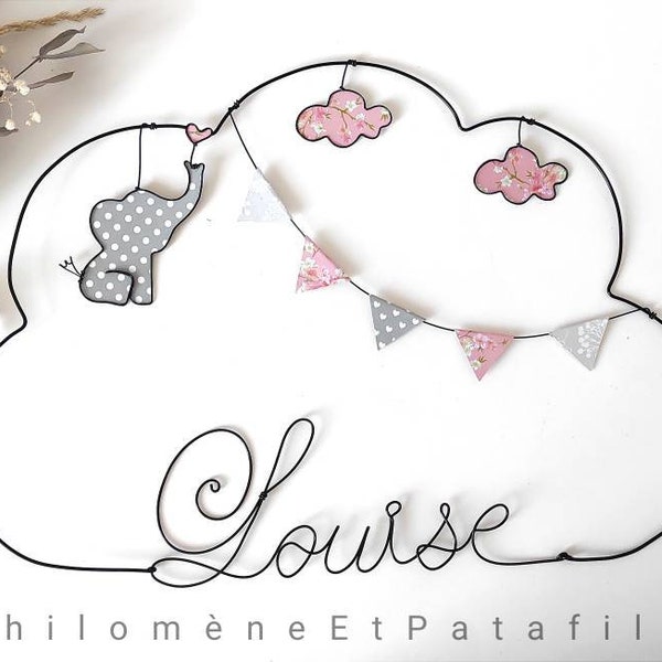 Prénom fil de fer personnalisable, décoration murale pour chambre d'enfant, "éléphant dans les nuages"