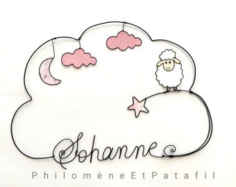 Prénom fil de fer personnalisable, "mouton dans les nuages", décoration murale pour chambre d'enfant