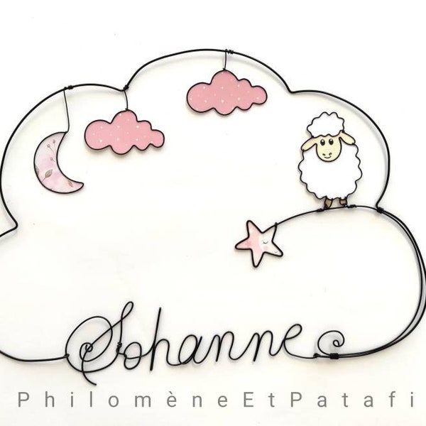 Prénom fil de fer personnalisable, "mouton dans les nuages", décoration murale pour chambre d'enfant