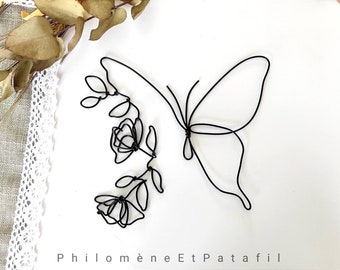 Papillon personnalisable en  fil de fer, branche de feuilles et coquelicots en fil de fer, fleurs en fil de fer, décoration murale .