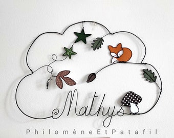 Prénom personnalisable en fil de fer "nuage, renard, feuilles, étoiles", décoration murale thème forêt, nature pour chambre d'enfant