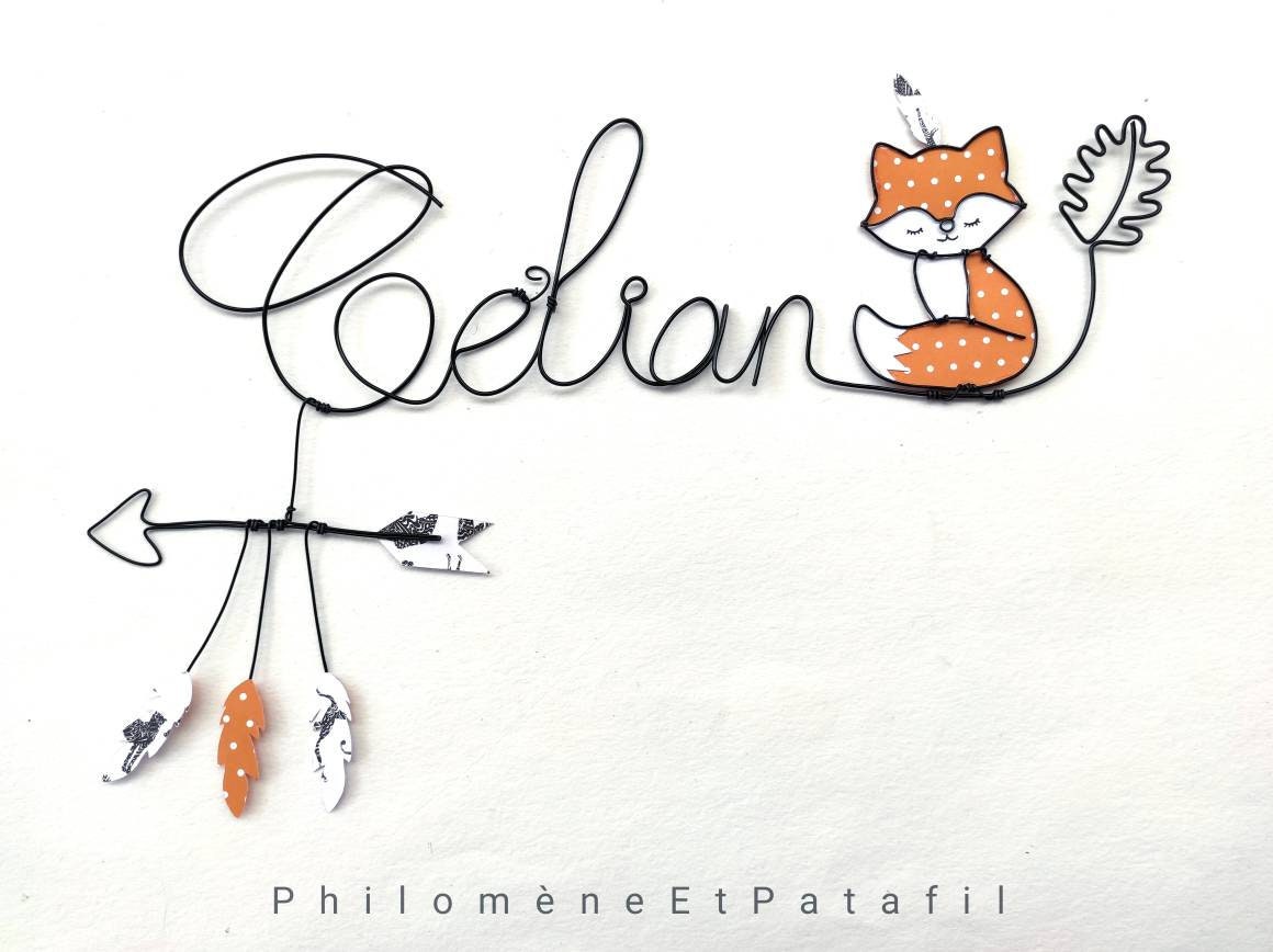 Prénom Fil de Fer Personnalisable, Décoration Murale Pour Chambre d'enfant, Renard Feuille Chêne et 