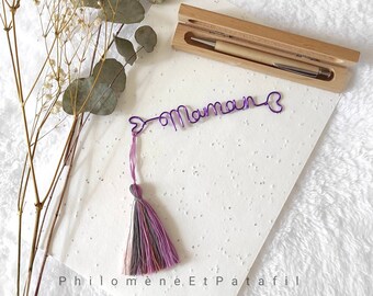 Marque page prénom en fil de fer personnalisable, "cœur et pompon", accessoire de livre, cadeau maîtresse, plannificateur livre