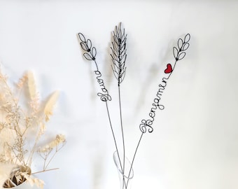 Fleurs en fil de fer épis de froment et tiges prénoms avec feuilles personnalisables, déco de table en fil de fer