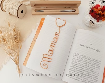 Customizable first name bookmark in wire, "first name with heart", book accessory, planner, mini heart paper clip