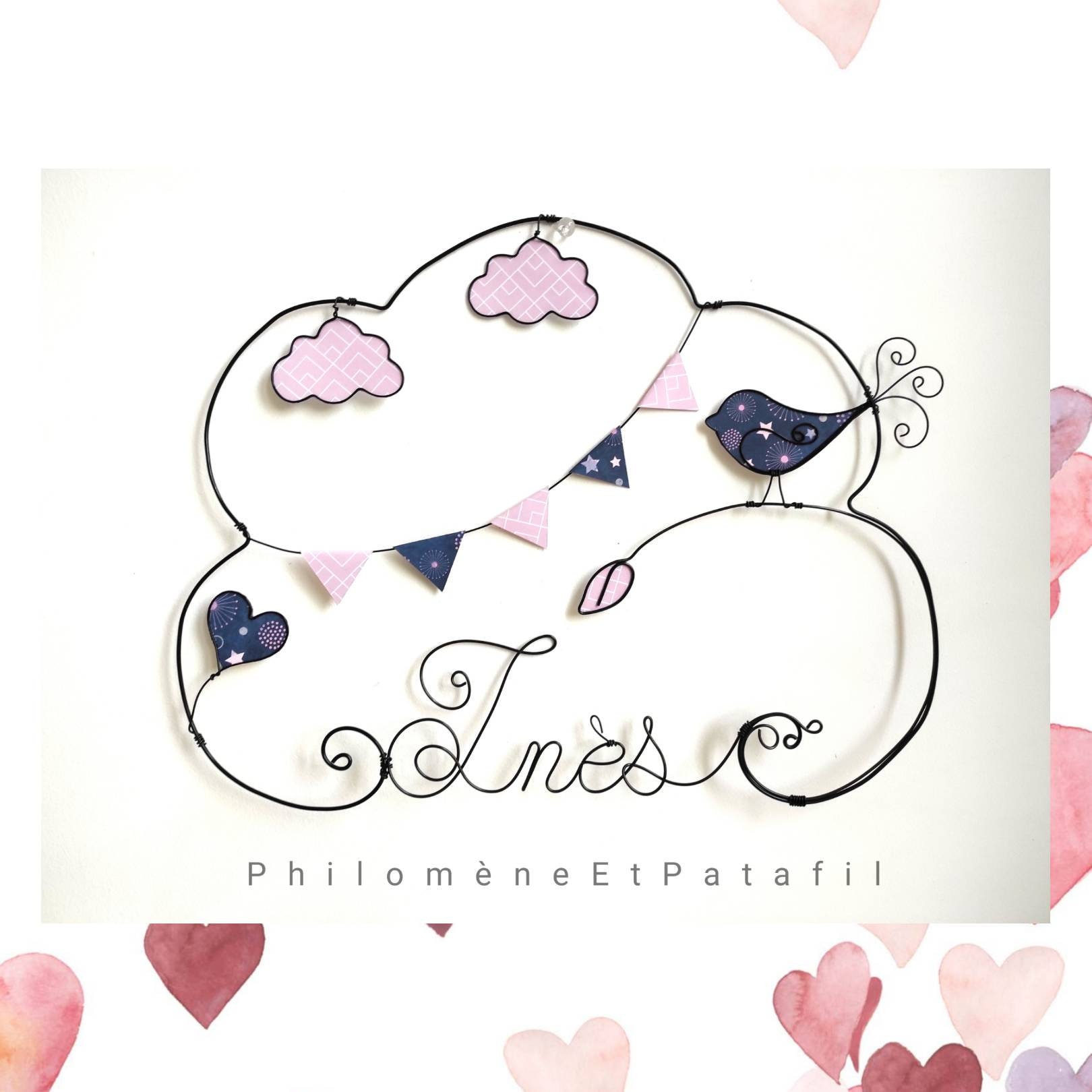 Prénom Fil de Fer Personnalisable, Oiseau sur Branche et Petit Coeur Décoration Murale Pour Chambre 