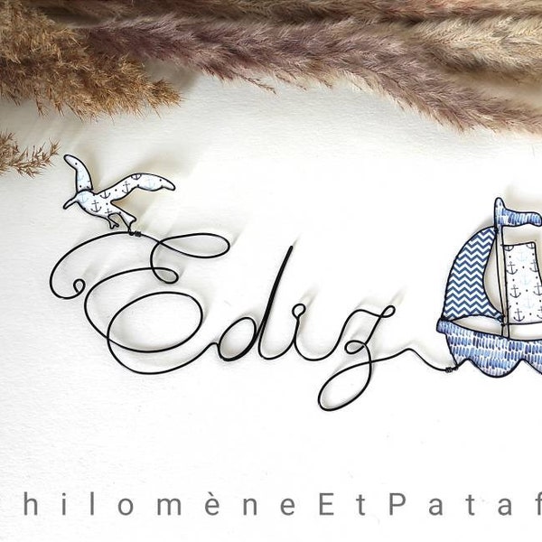 Prénom en fil de fer personnalisable ,"bateau à voiles et sa mouette" ,décoration murale nuage pour chambre d'enfant