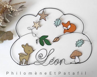 Prénom fil de fer personnalisable nuage "renard, faon, feuilles", thème de la forêt, décoration murale pour chambre d'enfant"