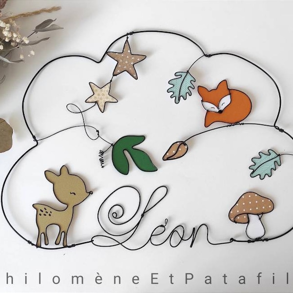 Prénom fil de fer personnalisable nuage "renard, faon, feuilles", thème de la forêt, décoration murale pour chambre d'enfant"