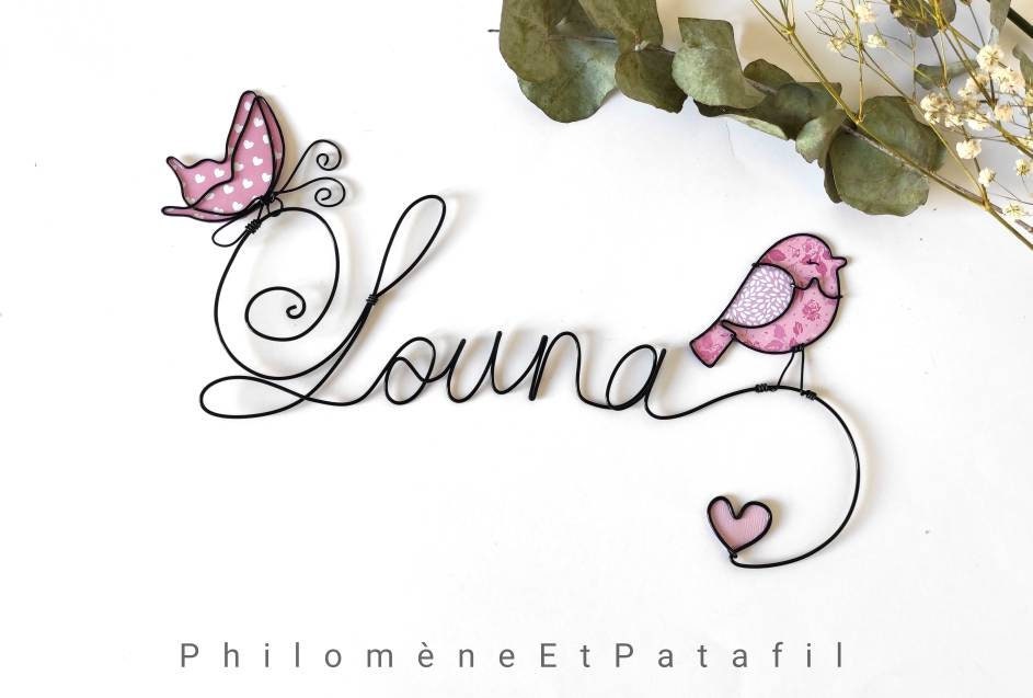 Prénom Fil de Fer Personnalisable, Décoration Murale Pour Chambre d'enfant, Oiseau Au Coeur Tendre