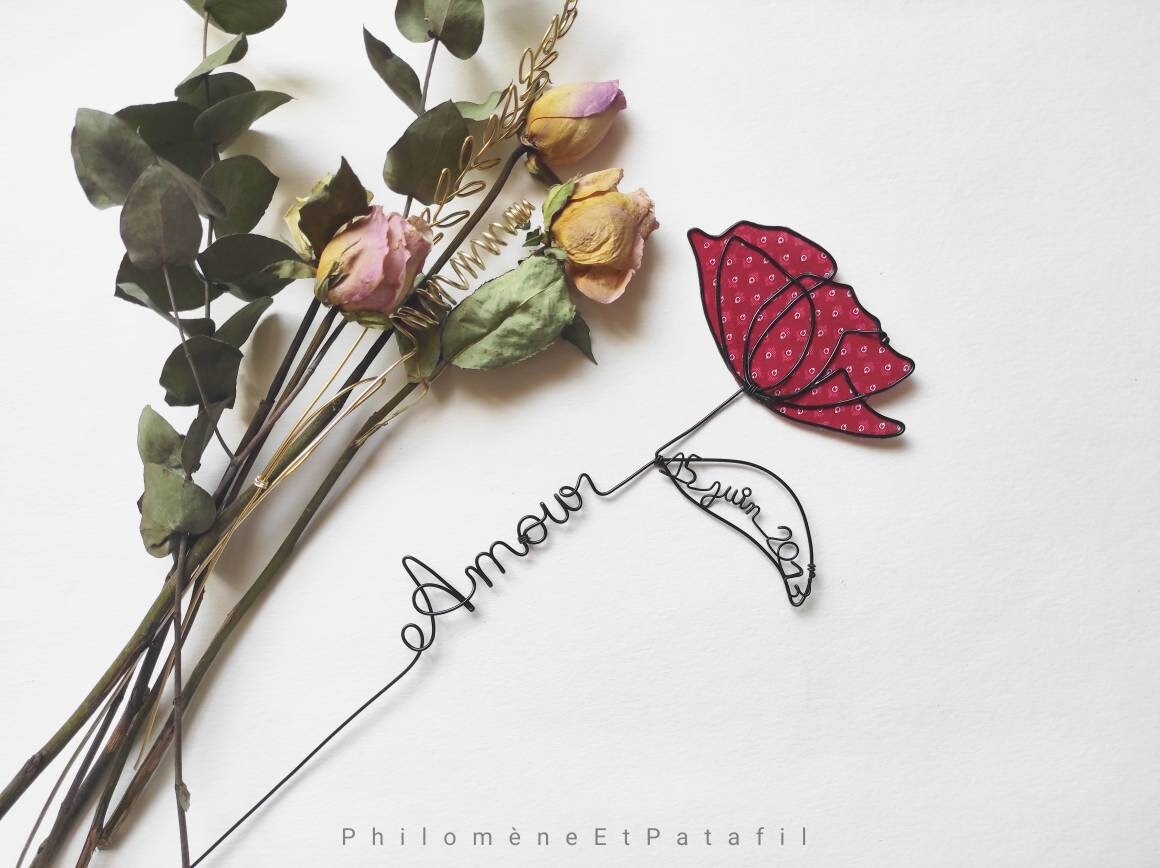 Prénom en Fil de Fer Personnalisable, Fleurs Fer, Coquelicot, Déco Murale Florale