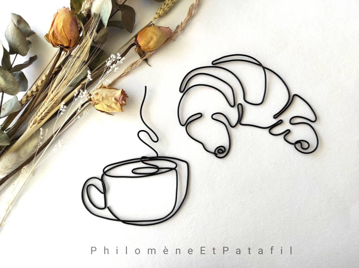 Tasse à Café en Fil de Fer, Croissant Déco Murale Cuisine, Restaurant, Bar