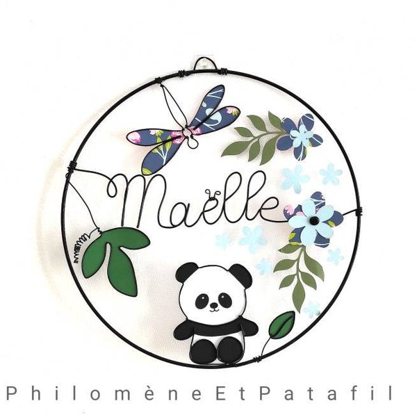 Prénom en fil de fer personnalisable, décoration murale pour chambre d'enfant, "panda, libellule et fleurs ", couronne prénom personnalisé