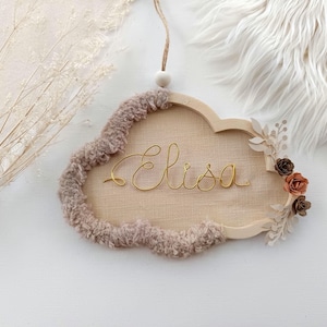 Nuvola di legno con nome personalizzabile in filo metallico e filato di lana "peluche fiorito", decorazione da parete per la cameretta dei bambini