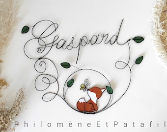 Customizable wire first name, wall decoration for children's room "fox with butterfly and foliage"