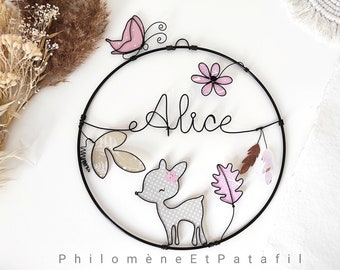 Customizable wire first name, wall decoration for children's room "doe with butterflies and flowers"