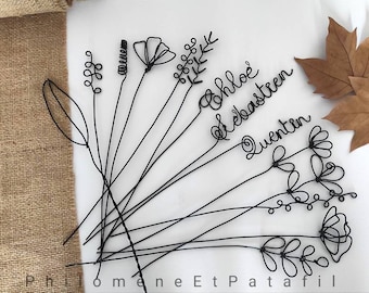 Wire flowers, bouquet of personalized wire flowers, wire table decoration, personalized wire first names.