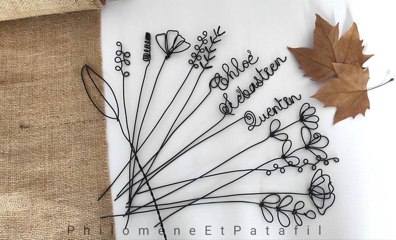 Wire flowers, bouquet of personalized wire flowers, wire table decoration, personalized wire first names. image 1