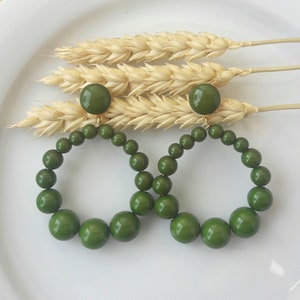 Earrings (large model) hoop earrings with dark khaki/olive green resin beads - vintage spirit