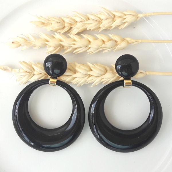 Boucles d'oreilles EVA - pendentif cercle évidé noir en résine - esprit vintage