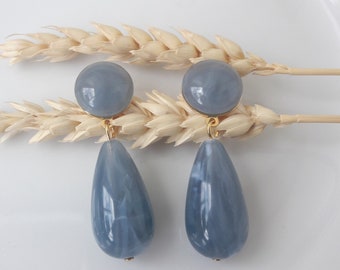 Boucles d'oreilles Agate - gouttes en résine bleu gris marbré - esprit vintage