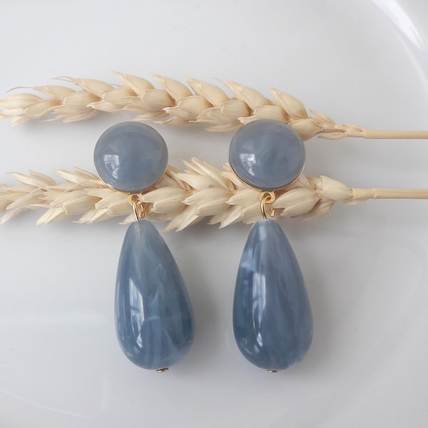 Boucles d'oreilles Agate - gouttes en résine bleu gris marbré - esprit vintage
