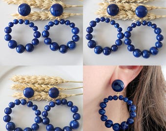 Boucles D'oreilles Créoles Avec Perle Bleu Marine - Style Classique Et élégant, Neuves