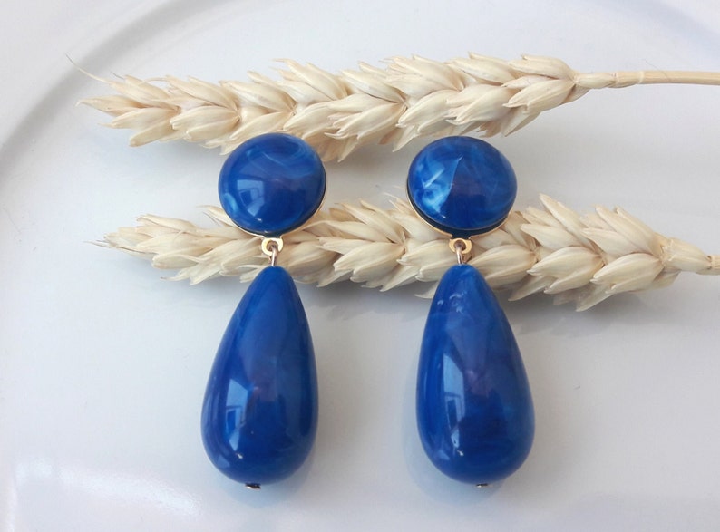 Boucles d'oreilles Agate gouttes en résine esprit vintage Bleu royal marbré