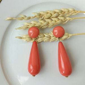 Boucles d'oreilles Agate Bis gouttes en résine esprit vintage Rouge corail