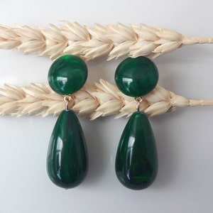 Boucles d'oreilles Agate gouttes en résine esprit vintage Vert foncé marbré