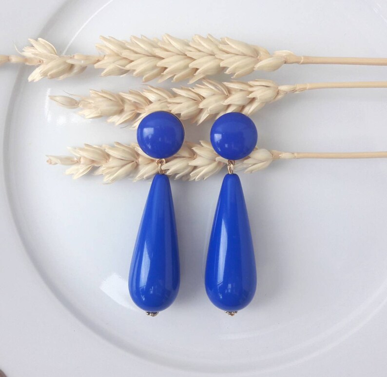 Boucles d'oreilles Agate Bis gouttes en résine esprit vintage Bleu roi