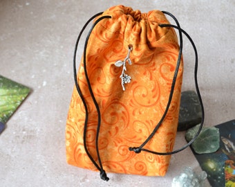 Orange tarot purse, Floral drawstring bag for tarot deck, Oracle pouch
