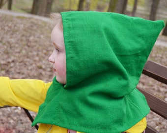 Viking baby handsewn hood, Green wool baby hood stylization, Early medieval Skjoldehamn reenactors baby outfit, LARP baby costume