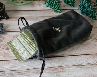Grey Velvet Tarot Bag: Spider Charm Oracle Pouch
