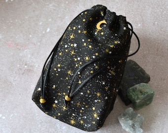 Stars Tarot Bag: Black Cotton Oracle Pouch with Moon Charm