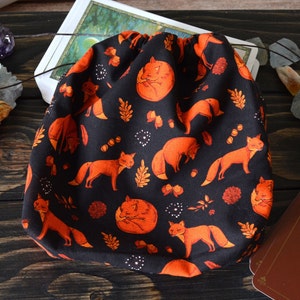 Grande pochette de tarot avec renards sur fond noir, sac pour jeu de tarot, sac à main Oracle, sac à cordon de tarot
