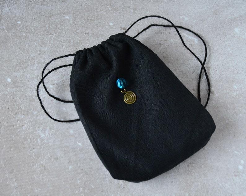 Oracle pouch Black linen bag for tarot deck Tarot purse Black tarot bag with spiral charm