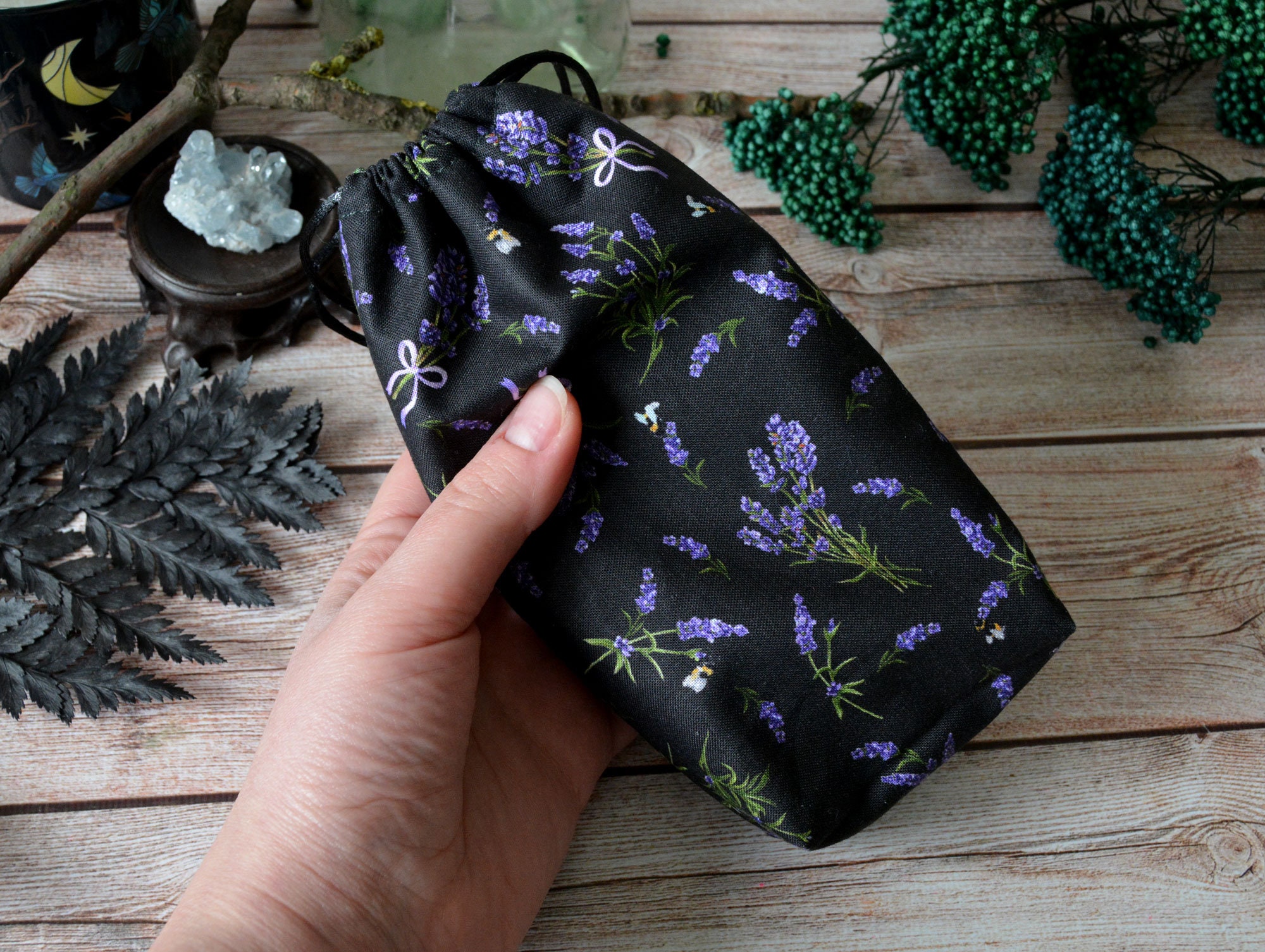 Lavender tarot purse, Witchy drawstring bag for tarot deck, Herbal print oracle pouch