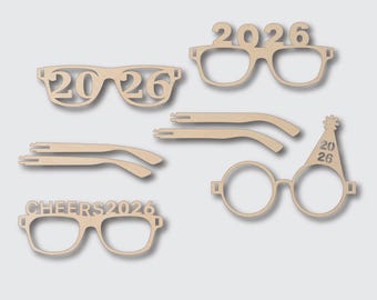 Paquete de 4 gafas de Año Nuevo 2026 - SVG - Archivo Glowforge - Para madera, papel y acrílico