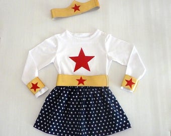 Supergirl child costume, superheroine set, superheroine skirt and t-shirt with gold star