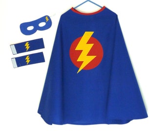 Superhero cape, blue superhero cape, superhero costume, lightning bolt superhero cape, superhero cape and mask