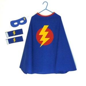 Superhero cape, blue superhero cape, superhero costume, lightning bolt superhero cape, superhero cape and mask