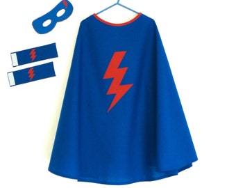 child costume blue superhero cape, blue superhero cape with red lightning, superhero cape with mask and cuffs